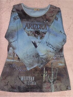 Vintage Y2K Cactus Arizona Western Heritage Print Mesh Long Sleeve Top🌵